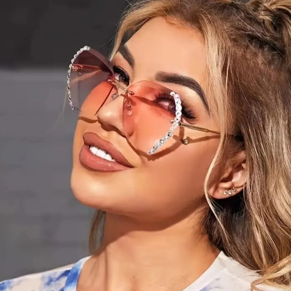 New pink women's rhinestone fashion rimless sunglasses